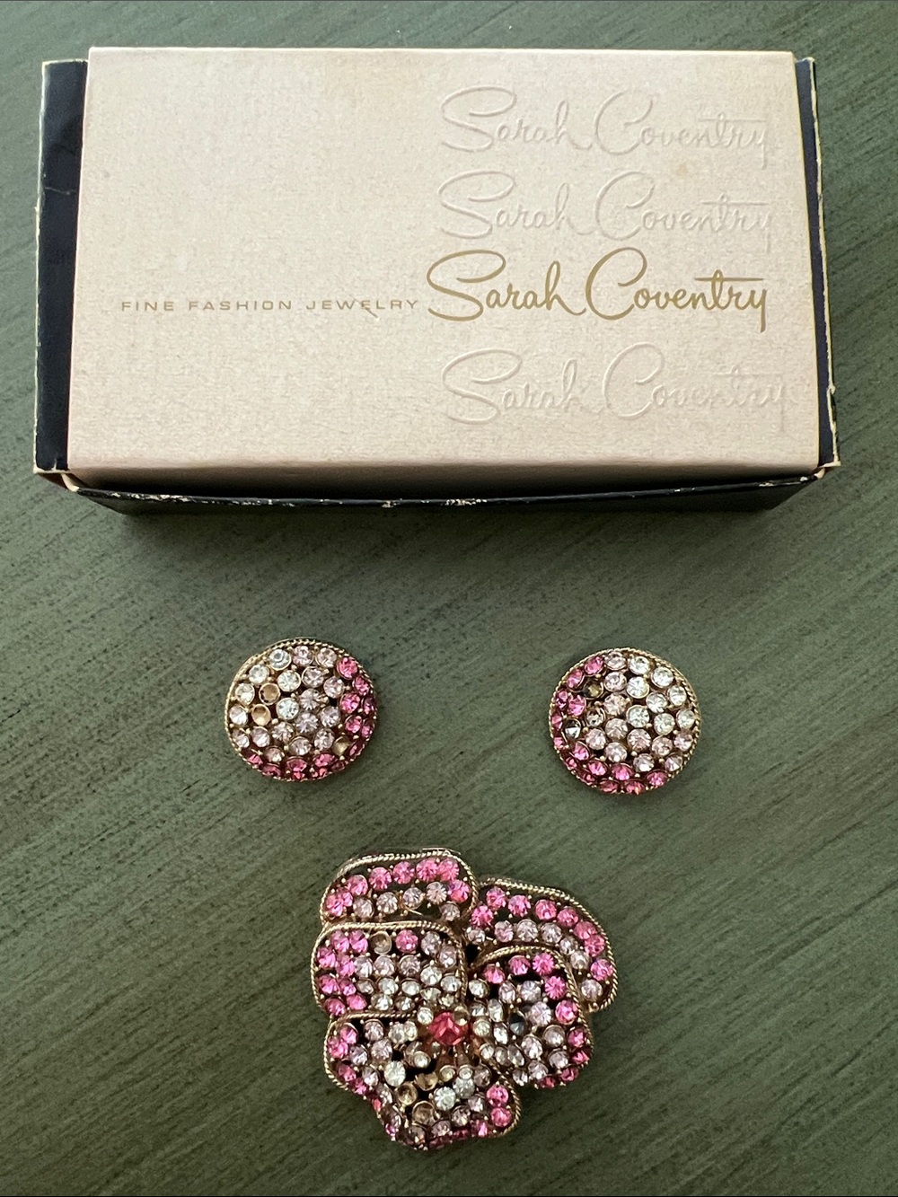 Sarah Coventry Pink and Clear Crystal Floral Brooch and Cip on Earrings Set